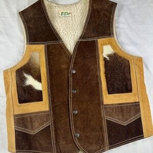 Vintage 1970s Patchwork Leather Suede Hair On Cowhide Western Mens Vest Cowboy